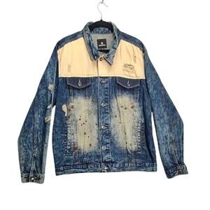 Southpole Vintage Premium Denim Paint Splatter Distressed Blue Wash Jacket